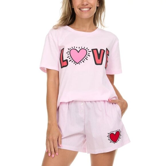 Keith Haring Womens Tee & Boxer Set White Tee Pink Striped Short Soft - Picture 1 of 6